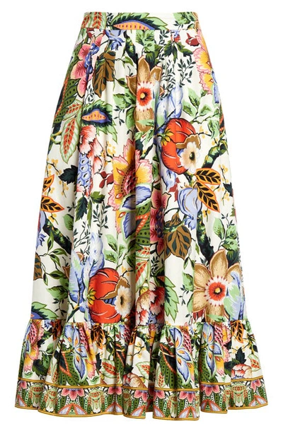 Shop Etro Bouquet Pleated Tiered Cotton Poplin Midi Skirt In Floral Print