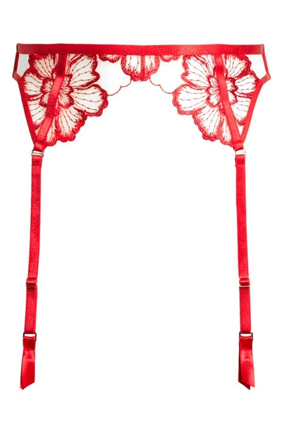 Shop Bluebella Catalina Embroidered Mesh Garter Belt In Tomato Red/ Sheer
