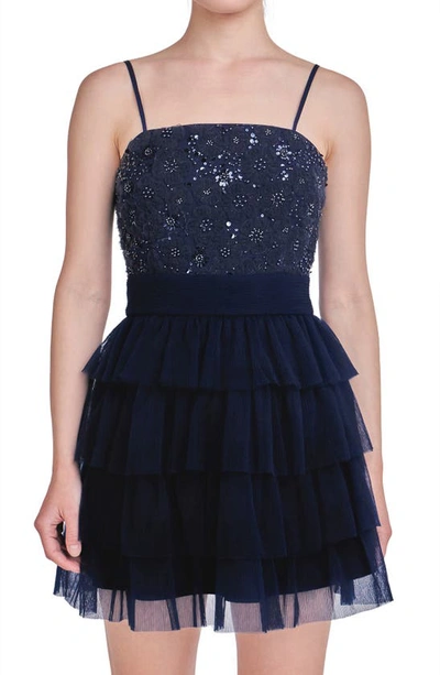Shop Endless Rose Floral Tiered Tulle Dress In Navy