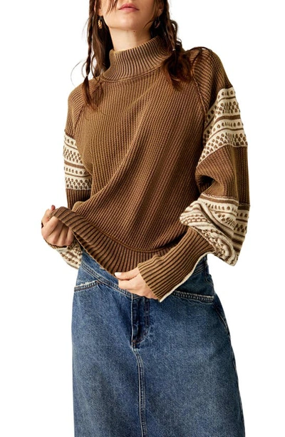 Shop Free People Get Cozy Stripe Balloon Sleeve Cotton Sweater In Hot Fudge Combo