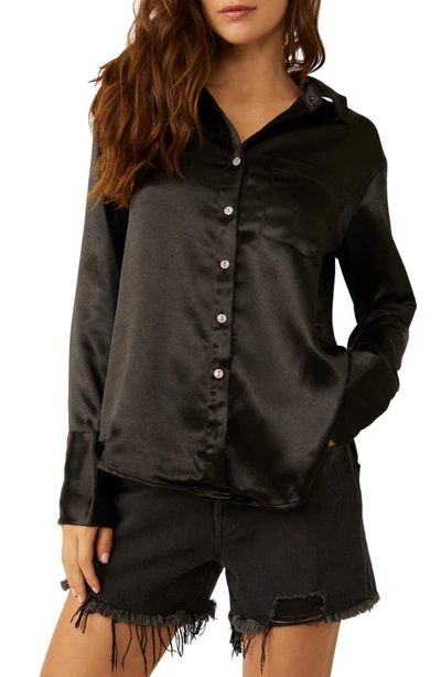 Shop Free People Shooting For The Moon Satin Shirt In Black