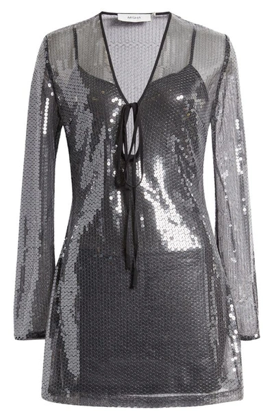 Shop Misha Collection Lexter Long Sleeve Sequin Minidress In Smoke Grey