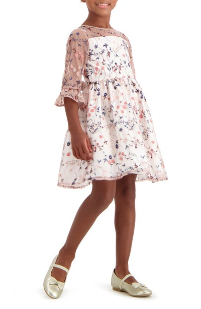 Shop Pippa & Julie Floral Embroidered Three-quarter Sleeve Dress In Ivory