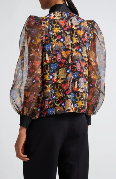 Shop Alice And Olivia Brentley Sheer Sleeve Tie Neck Silk Organza Top In Ethereal