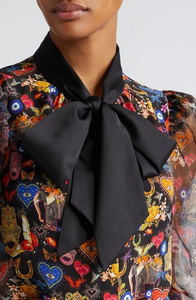 Shop Alice And Olivia Brentley Sheer Sleeve Tie Neck Silk Organza Top In Ethereal