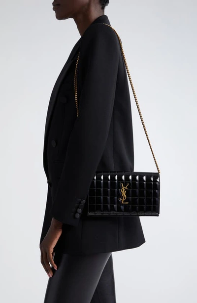Shop Saint Laurent Cassandre Quilted Patent Leather Envelope Wallet On A Chain In Nero