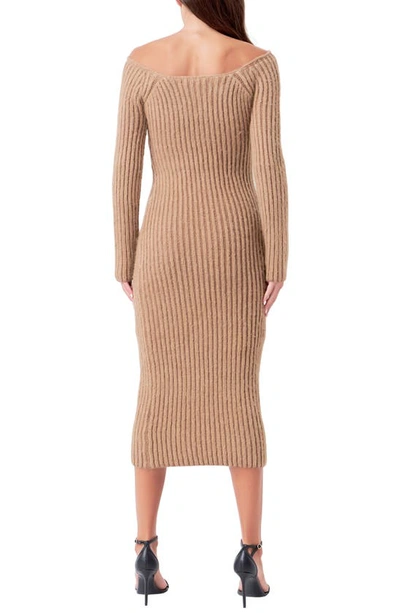 Shop Endless Rose Long Sleeve Off The Shoulder Rib Midi Sweater Dress In Camel