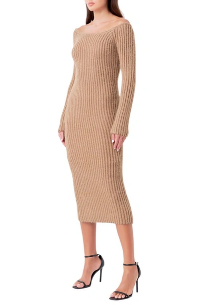 Endless Rose Long Sleeve Off The Shoulder Rib Midi Sweater Dress In Camel