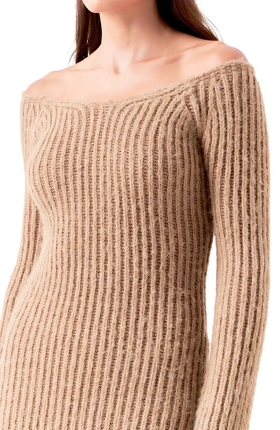 Shop Endless Rose Long Sleeve Off The Shoulder Rib Midi Sweater Dress In Camel