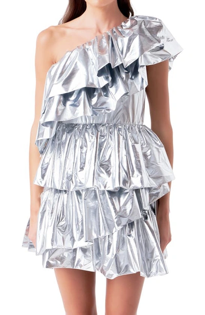 Shop Endless Rose One-shoulder Metallic Tiered Minidress In Silver