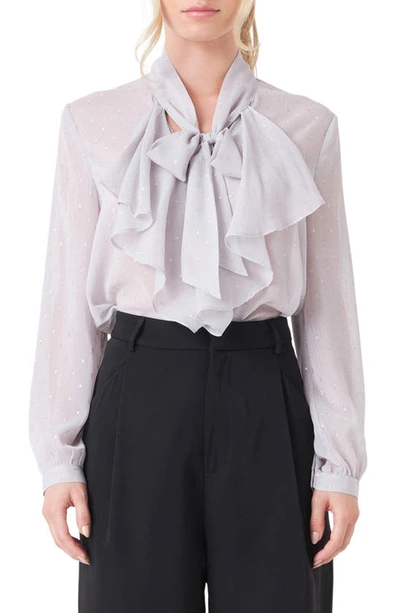 Shop Endless Rose Tie Neck Clip Dot Chiffon Top In Silver