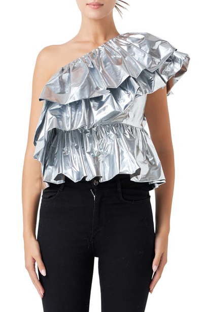 Shop Endless Rose Metallic Tiered One-shoulder Peplum Top In Silver