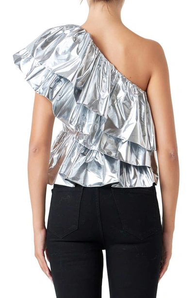 Endless Rose Metallic Tiered One-shoulder Peplum Top In Silver