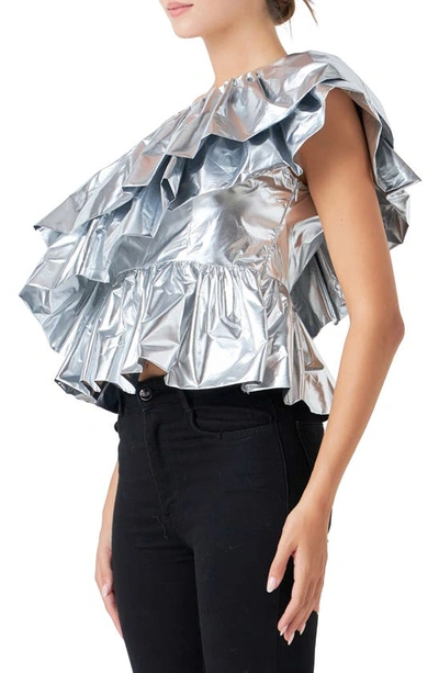 Shop Endless Rose Metallic Tiered One-shoulder Peplum Top In Silver