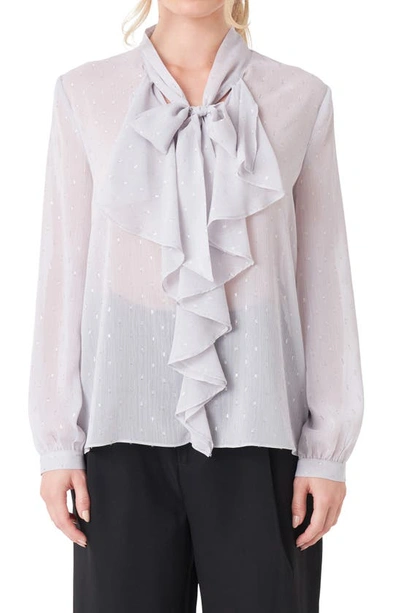 Shop Endless Rose Tie Neck Clip Dot Chiffon Top In Silver