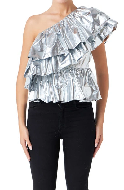 Endless Rose Metallic Tiered One-shoulder Peplum Top In Silver