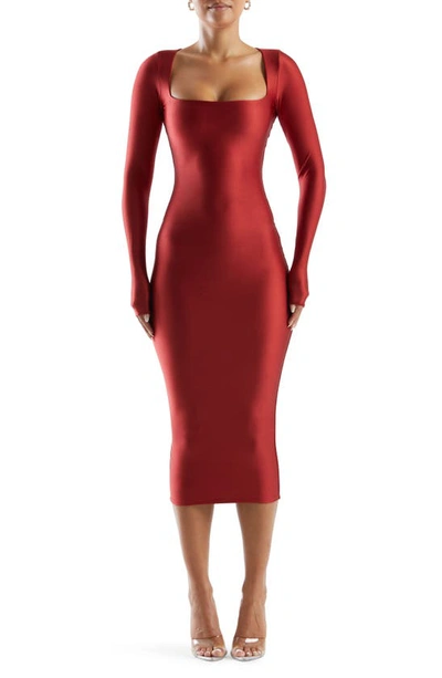 Shop Naked Wardrobe Squared Away Long Sleeve Body-con Midi Dress In Red
