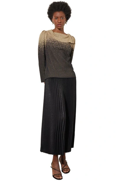 Shop Ming Wang Stripe Split Cowl Neck Sweater In Black/ Gold