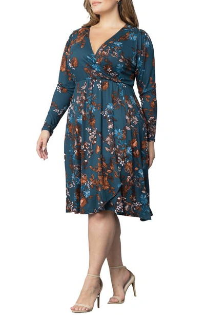Shop Kiyonna Aster Long Sleeve Faux Wrap Dress In Teal Blue Asters