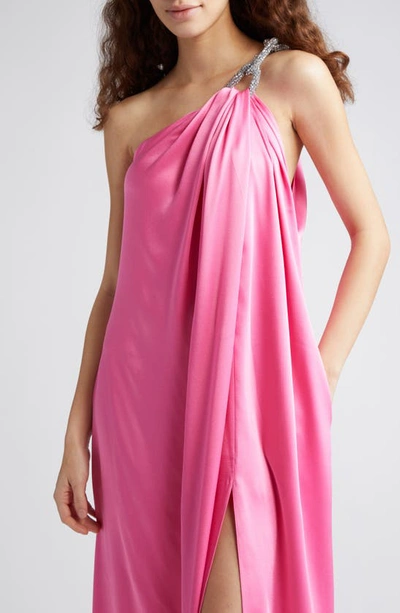 Shop Stella Mccartney Falabella Crystal Chain Strap One-shoulder Satin Gown In 5560 - Bright Pink