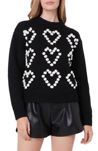 Shop English Factory Pompom Heart Mock Neck Sweater In Black/ Ivory