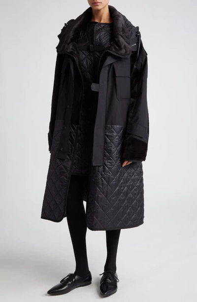 Shop Junya Watanabe Mixed Media Oversize Coat In Black X Black