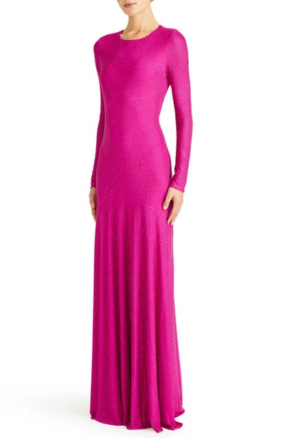 ml Monique Lhuillier Diana Rhinestone Long Sleeve Trumpet Gown In Berry
