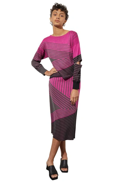 Shop Ming Wang Stripe Asymmetric Split Sleeve Sweater In Mulberry/ Grey/ Black