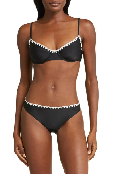 Ramy Brook Iliana Bikini Bottom In Black With White Crochet Trim