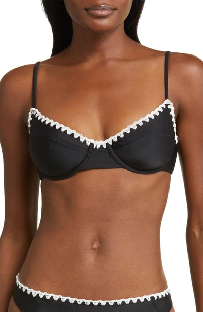 Ramy Brook Emmeline Bikini Top In Black With White Crochet Trim