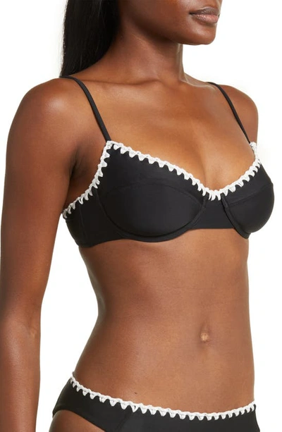 Ramy Brook Emmeline Bikini Top In Black With White Crochet Trim