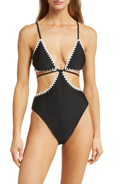 Shop Ramy Brook Raina Cutout One-piece Swimsuit In Black With White Crochet Trim