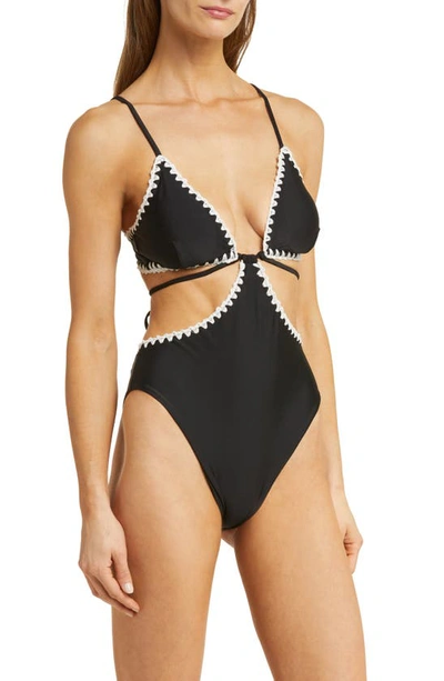 Shop Ramy Brook Raina Cutout One-piece Swimsuit In Black With White Crochet Trim