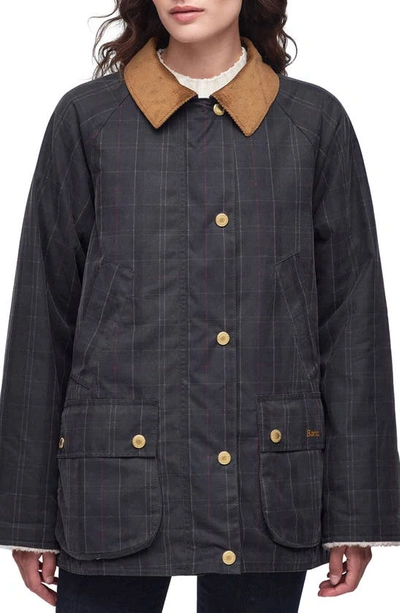 Shop Barbour Swainby Windowpane Plaid Waxed Cotton Barn Jacket In Dull Classic/ Classic