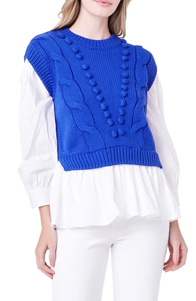 Shop English Factory Mixed Media Cable Stitch Sweater In Cobalt Blue/ White