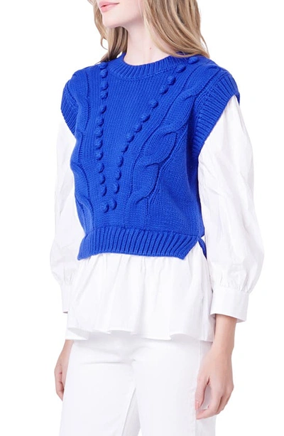 Shop English Factory Mixed Media Cable Stitch Sweater In Cobalt Blue/ White
