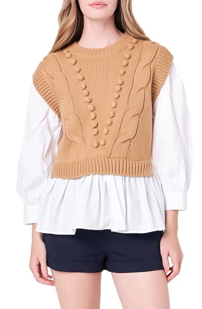 Shop English Factory Mixed Media Cable Stitch Sweater In Tan/ White