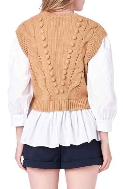 Shop English Factory Mixed Media Cable Stitch Sweater In Tan/ White