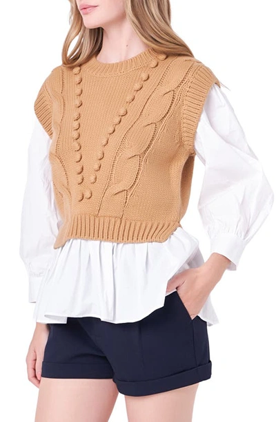 Shop English Factory Mixed Media Cable Stitch Sweater In Tan/ White