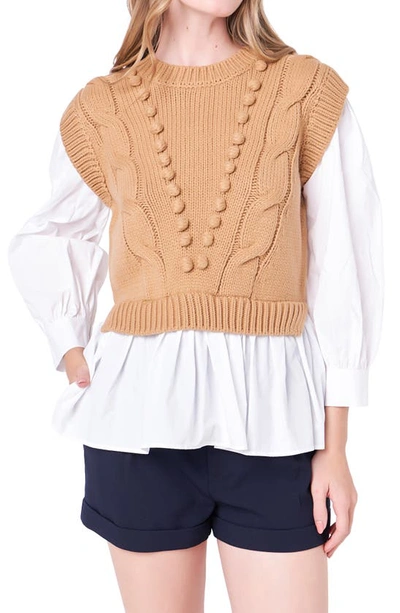 Shop English Factory Mixed Media Cable Stitch Sweater In Tan/ White