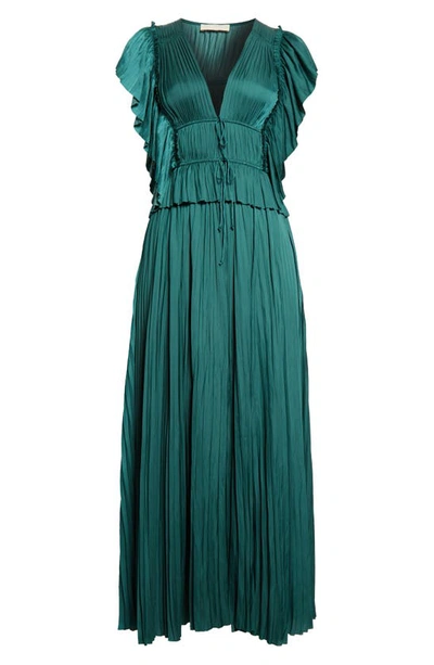 Shop Ulla Johnson Letty Ruffle Detail Pleated Satin Dress In Jadeite