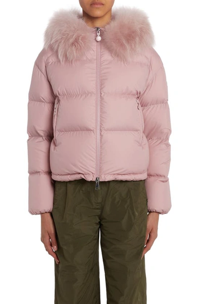 Shop Moncler Mino Quilted Down Jacket With Removable Genuine Shearling Trim In Pink