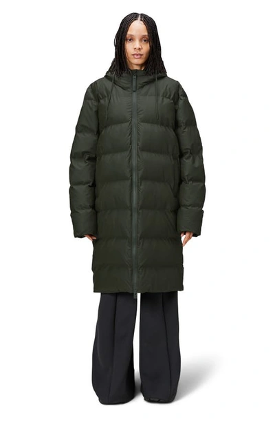 Shop Rains Alta Waterproof Long Hooded Puffer Coat In Green