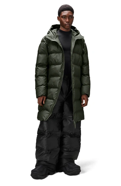 Shop Rains Alta Waterproof Long Hooded Puffer Coat In Green
