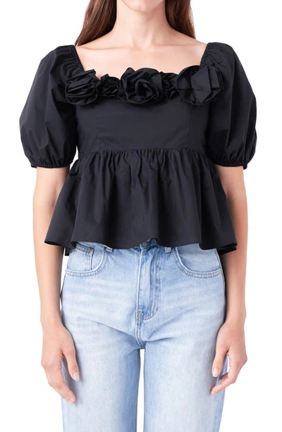 English Factory Corsage Detail Cotton Poplin Top In Black