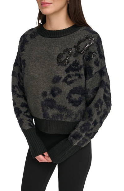 Shop Dkny Animal Jacquard Sequin Long Sleeve Sweater In Granite Heather/ Black