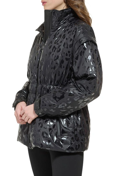 Shop Dkny Allover Animal Print Puffer Jacket In Black/ Black