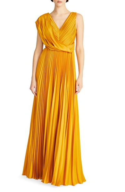Shop Theia Breanne Pleated Satin Gown In Gold Nectar