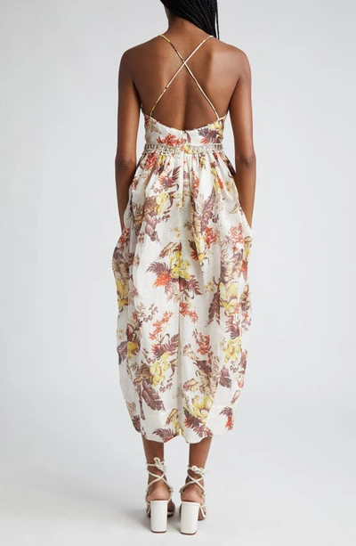 Shop Zimmermann Matchmaker Tulip Linen & Silk Midi Dress In Ivory Tropical Floral