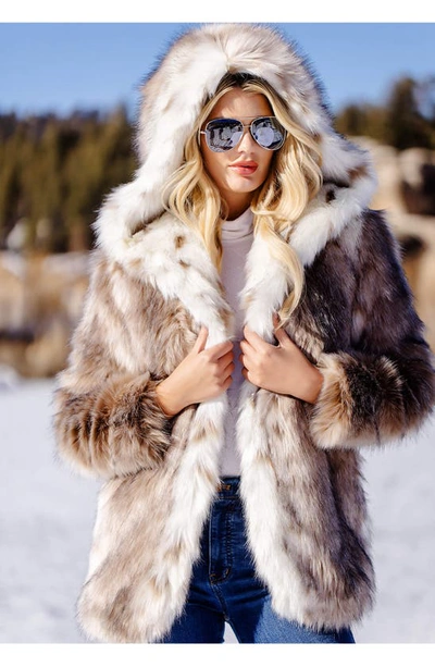 Shop Donna Salyers Fabulous-furs Gold Fox Faux Fur Hooded Coat In Lynx